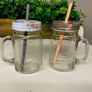Two Floral Mason Jar Cups